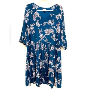 Garnet Hill Women's Plus Dress Navy Blue Boho Pocket Paisley Print Viscose Sz 18